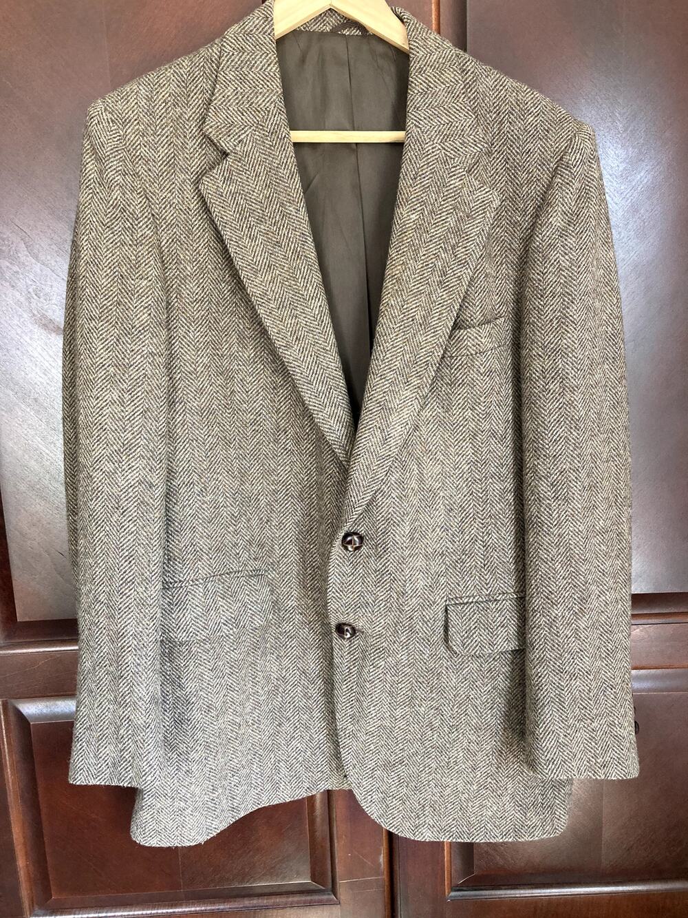 Stafford - Old Money Academic Vintage Tweed Brown Herringbone Wool Blazer - 40R